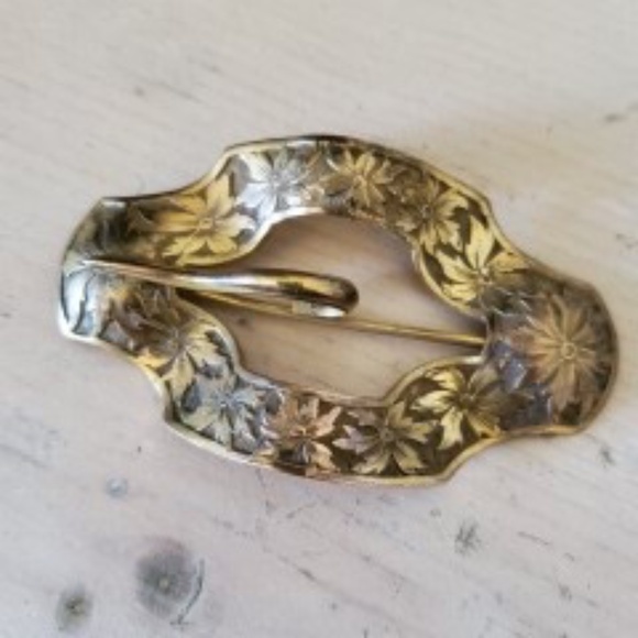 Vintage Carved Etched Floral Brass Sash Buckle With Pin main image 5